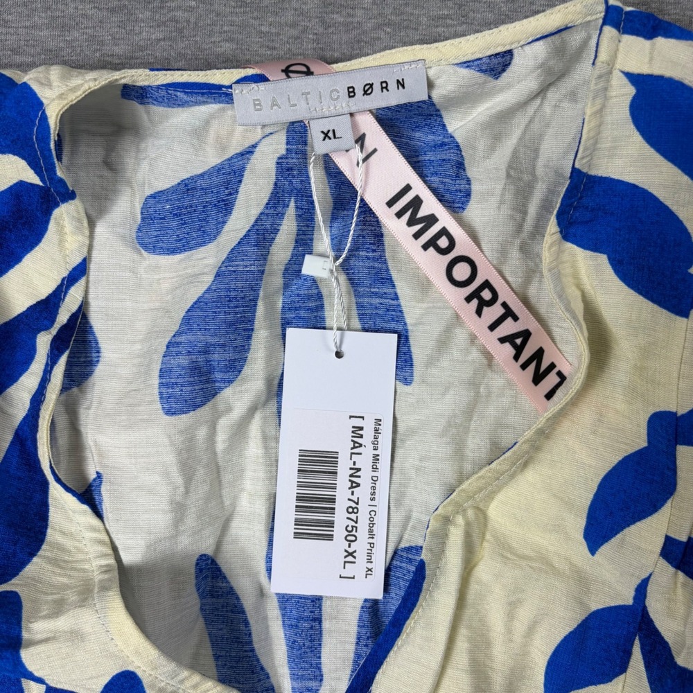 Baltic Born Malaga Midi Dress Women XL Blue Cobalt Print Leaf V-Neck Pockets - Picture 5 of 7